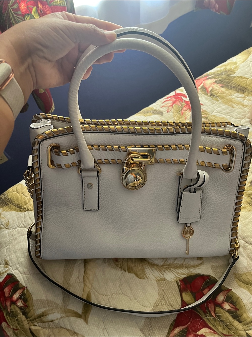 Michael Kors White Leather Satchel with Gold Trim and Lock